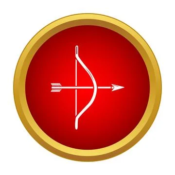 Bow and arrow icon in red circle with gold frame Stock Illustration