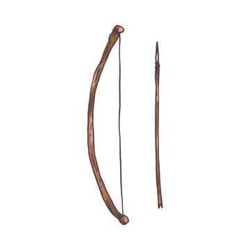 Bow and arrow, primitive weapon drawing isolated on white background Stock Illustration
