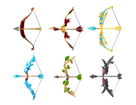Bow and arrow weapon game assets set, 3D realistic vector illustration isolated. 库存插图