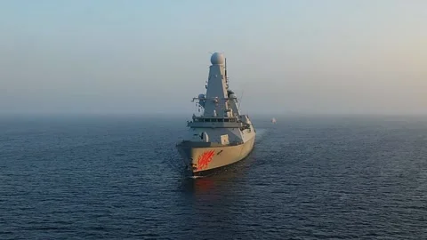 Bow and front deck of HMS Dragon. Destroyer underway in Bosphorus waters Video stock 142219942
