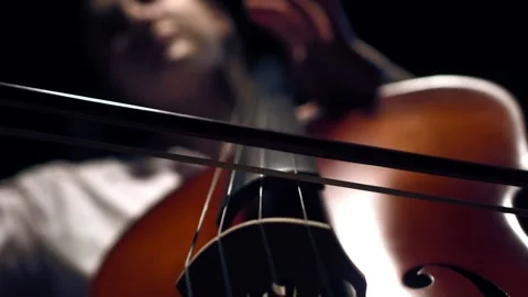 Bow and strings of cello closeup, down view. Concept of playing an instrument Stock Footage 157091977