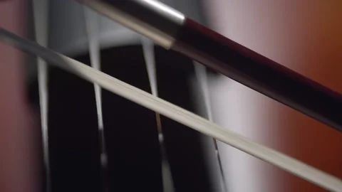 Bow and strings of cello closeup, down view. Concept of playing an instrument Stock Footage 158025203