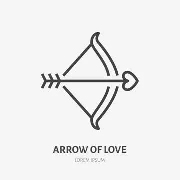 Bow with arrow and heart flat line icon. Vector thin sign of love, dating site Illustrazione stock