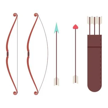 Bow, arrow and quiver vector flat set. Stock Illustration