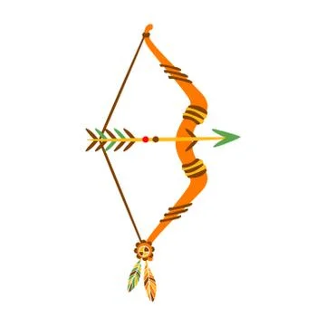 Bow With Arrow Decorated With Feathers, Native Indian Culture Inspired Boho Stock Illustration