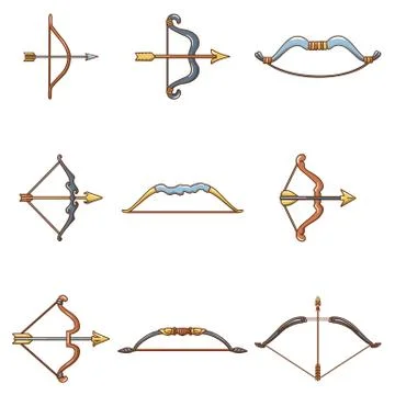 Bow arrow weapon icons set, cartoon style Illustrazione stock