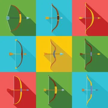 Bow arrow weapon icons set, flat style Illustrazione stock