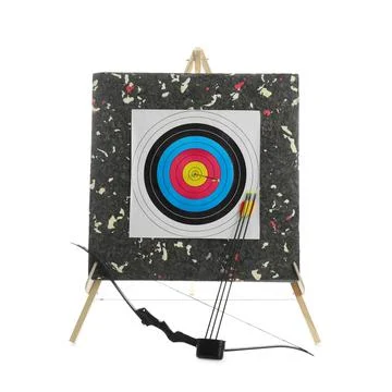 Bow, arrows and archery target on white background Stock Photos