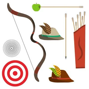 Bow with arrows, a hunter's hat, a target Stock Illustration