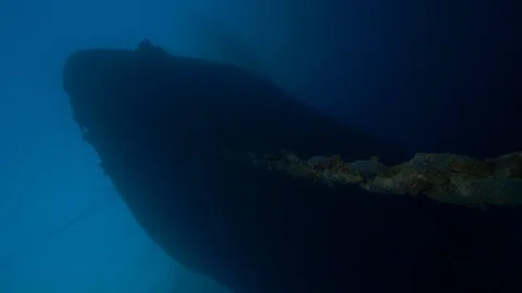 Bow from below with anchor chain of the shipwreck Thistleghorm, Red Sea, Egypt Stock Footage 105504607