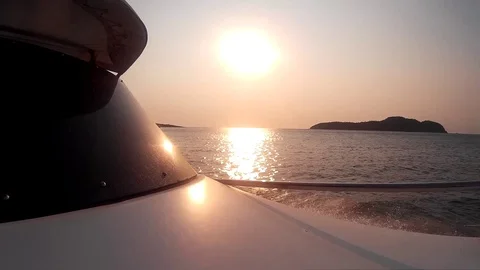 Bow of the boat on the background of a beautiful sunset at sea Stock Footage 87160576