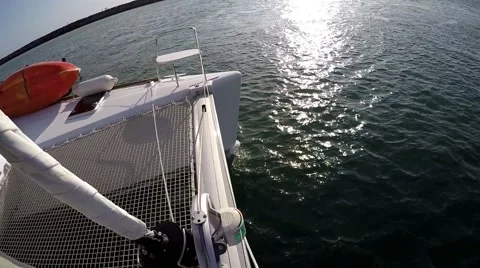 Bow of Catarmaran under sail as seen cutting the water.mp4 Stock Footage 67508674