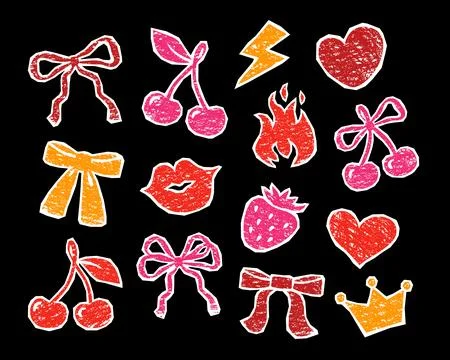 Bow cherry drawn crayon textured whimsy stickers Stock Illustration