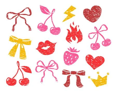 Bow cherry drawn whimsy prints with crayon texture 스톡 일러스트