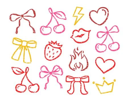 Bow cherry hand drawn whimsy crayon contour prints Stock Illustration