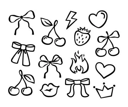 Bow cherry hand drawn whimsy girly contour prints Stock Illustration