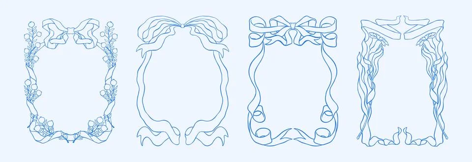 Bow frame. Line ribbon border with flowers and leaves, hand drawn vintage Stock Illustration