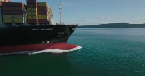 Bow of giant container ship in Salish sea - drone moves close Stock Footage 171647862