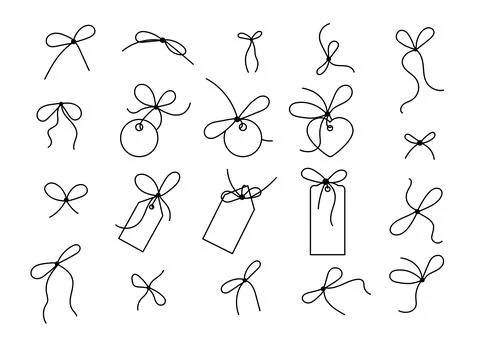 Bow on gift ribbon string and label tag vector linear icon. Stock Illustration