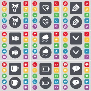 Bow, Heart, Pencil, Camera, Cloud, Arrow down, Cup, Battery, Chat bubble icon sy Stock Illustration