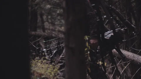 Bow hunter walking through the woods looking for animals. Vídeo Stock 62959658