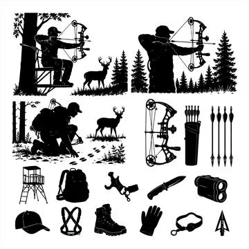 Bow Hunting Action Scenes and Equipment Silhouettes Collection for Outdoors Illustrazione stock