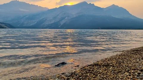 Bow lake with wind and waves in summer, Banff national park, Alberta, Canada. Stock Photos