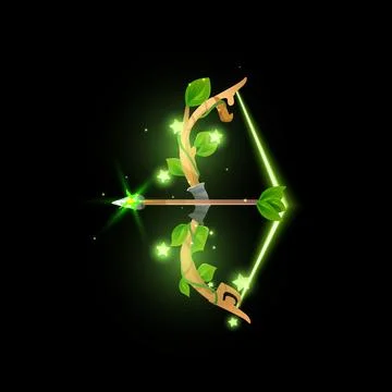 Bow with leaves, green glowing string and sparkling arrow flay style Stock Illustration