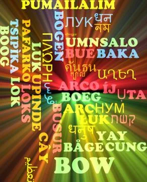 Bow multilanguage wordcloud background concept glowing Stock Illustration
