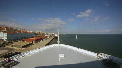 Bow point of view of cruise ship leaving Lisbon dock time-lapse HD Stock Footage 50663607
