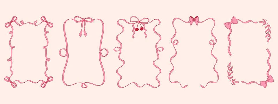 Bow ribbon rectangle frames set. Wavy borders with bows. Hand drawn coquett.. Stock Illustration