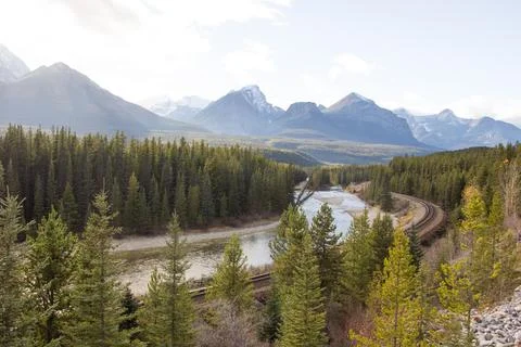 Bow river in Alberta, Canada, on a cloudy day Stock Photos