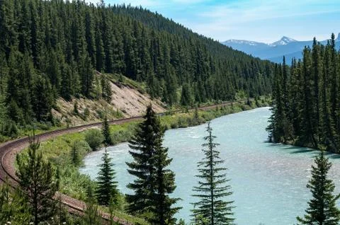 Bow River and CPR Rail line Stock Photos
