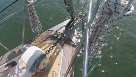 Bow of Sailboat with Windlass, Chain &amp; Ropes Stock-Footage 281725452