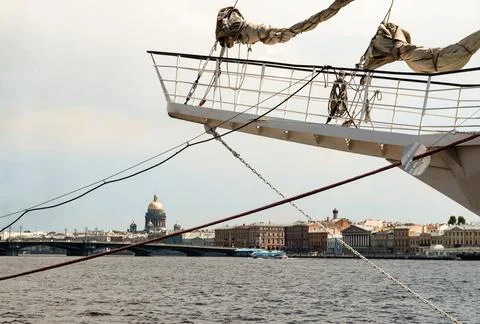 Bow of a ship on the river against the background of the Neva and St. Isaac's Stock Photos