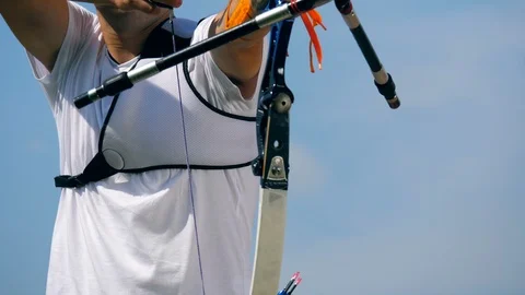 Bow shooting process held by the archer 스톡 동영상 113457320