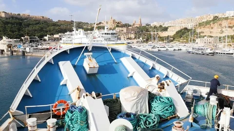 The bow of the steamer rises. Pier, ship arrival, sea, ocean, river, water Stock Footage 113102129