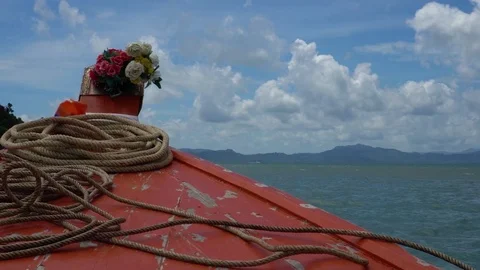 The bow of thai longtail boat and beautiful scenery with sea and mountains. Stock Footage 80921286