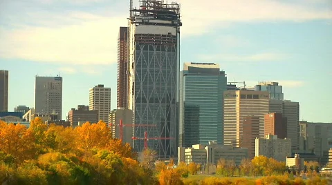 Bow tower construction zoom out calgary city skyline gulls river golden autum Video stock 863414