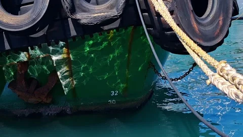 The bow of a tugboat with a large rusty anchor, moored in the port 스톡 동영상 315220733