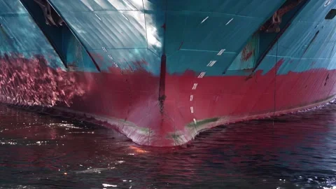 Bow of vessel. Ship sails back. Waterline of the vessel, two anchors. Close-up Stock Footage 165105109