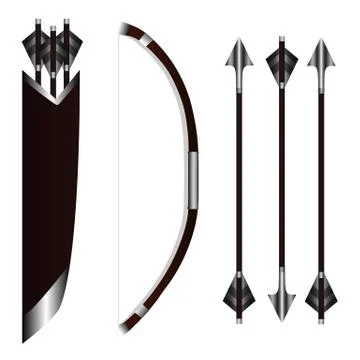 Bow Weapon with Arrows and Quiver isolated on white background. Vector. Stock Illustration