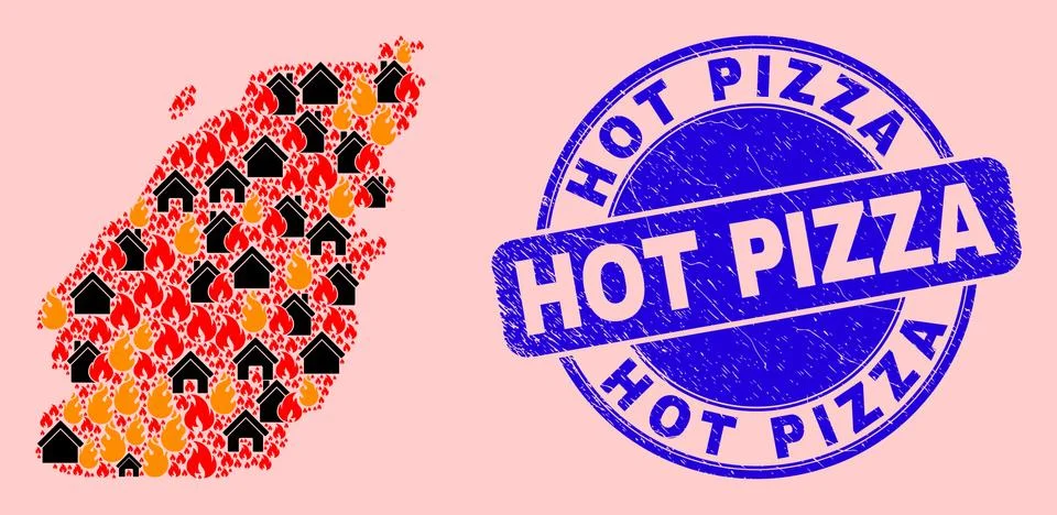 Bowen Island Map Collage of Fire and Realty and Grunge Hot Pizza Seal Ilustração Stock