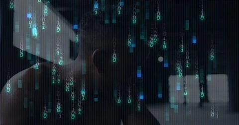 Bowing bare-shouldered man leaning in dim bedroom, with falling binary code and Stock Photos