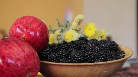 Bowl with Blackberry on the Table Stock Footage 55634023
