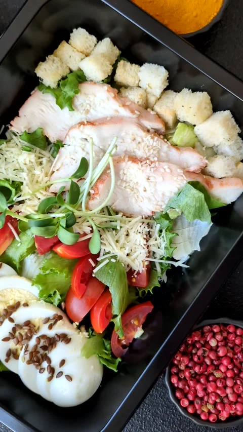 Bowl with caesar salad with chicken, parmesan cheese, tomatoes, croutons, lettuc Stock Footage 308531464