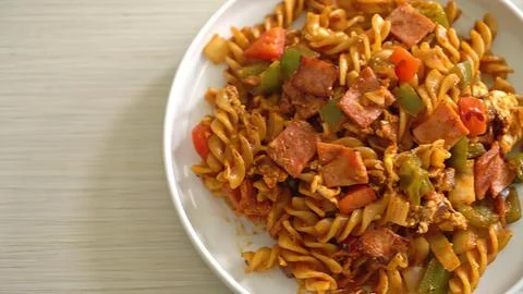 Bowl of cooked beef and vegetable fried rice on white plate Stock Photos
