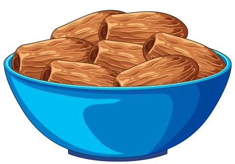 Bowl of Dates in Blue Ceramic Dish Vector Illustration Stock Illustration