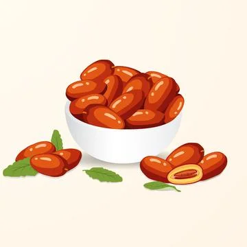 A bowl of dates for iftar in ramadan. Dates illustration vector isolated back Stock Illustration