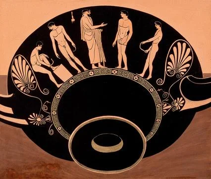 Bowl decorated with young men using strigils. Gouache painting. Stock Illustration